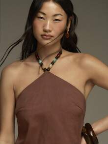 COSMINA Women's Brown Linen Embellished Blouse, Summer Vacation Casual Wear - Multicolor - View 2