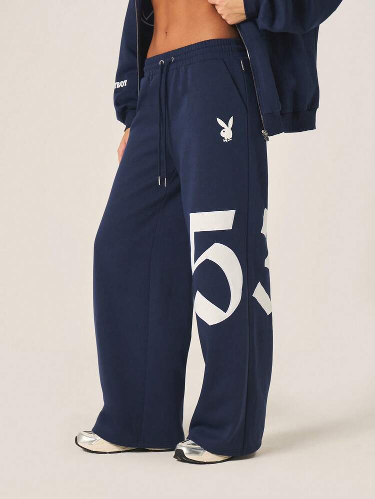 Missguided x Playboy Women's Graphic Wide Leg Sweatpants Navy Blue Joggers With Bunny Logo Print Casual Drawstring Waistband
