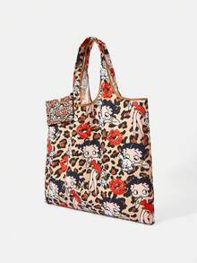Betty Boop x SHEIN 1 pieza, bolsa de compras plegable con estampado de leopardo y labios rojos, bolsa de tela impermeable de gran capacidad. - Multicolor 3 - Ver 3