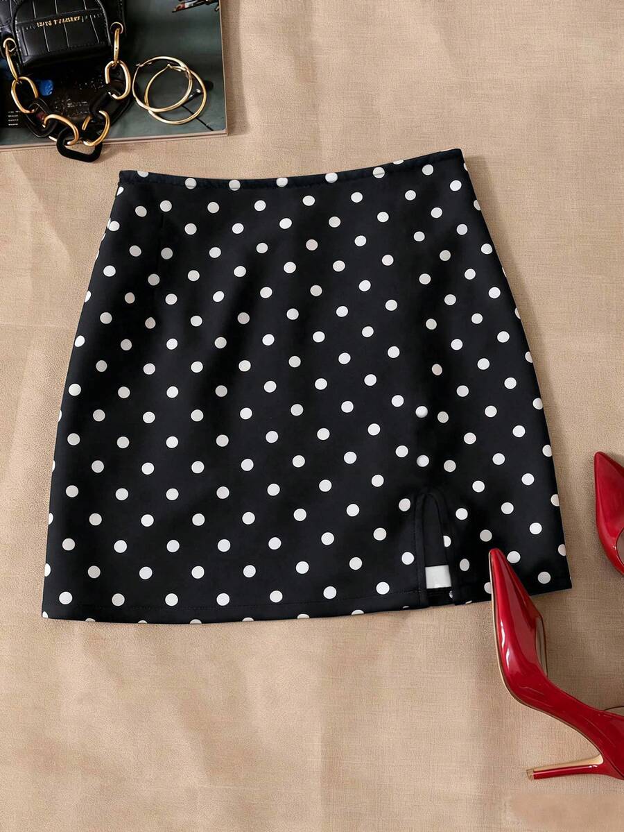 Resyla 女士波点图案侧开衩下摆休闲半身裙 - 彩色 - 查看 1