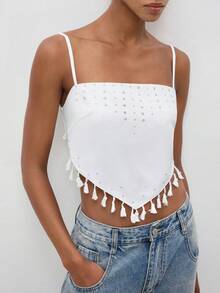 Maija Women's Backless Spaghetti Strap Tank Top With Tassel Hem,White And Silver Summer Boho Rave,Elegant Beach Party Vacation Festival Outfits Tops - Multicolor - View 1