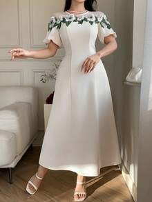 Spring & Summer White Dress, Elegant For Valentine's Day, Wedding, Party, Banquet, Fashion Event. Waist-Cinched Fit, Ruffle Hem, Bell Sleeves, Color Block Floral Print Long Dress For Women - Beige - View 6