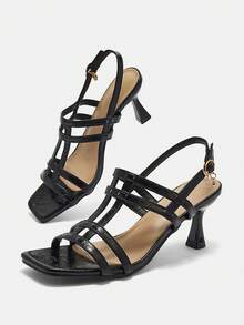 女士时尚新款迷彩、牛油果绿、黑色、白色、棕色、金色、紫色、裂纹、红色、杏色系带方头罗马高跟凉鞋 - 黑色 - 查看 11