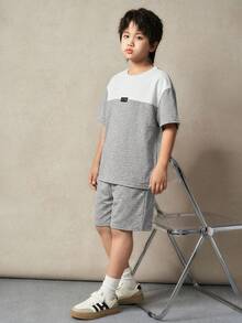 2pcs/Set Tween Boy Color Block Round Neck Short Sleeve T-Shirt And Shorts Set,White Summer Casual Vacation Outfit,School Daily Casual Wear Sports - Grey - View 5