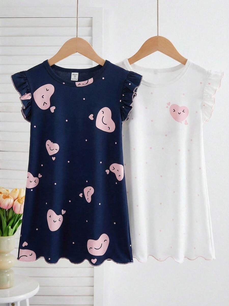 2件套女童短袖荷叶边休闲睡衣家居服套装,春夏款 - 藏蓝色 - 查看 1