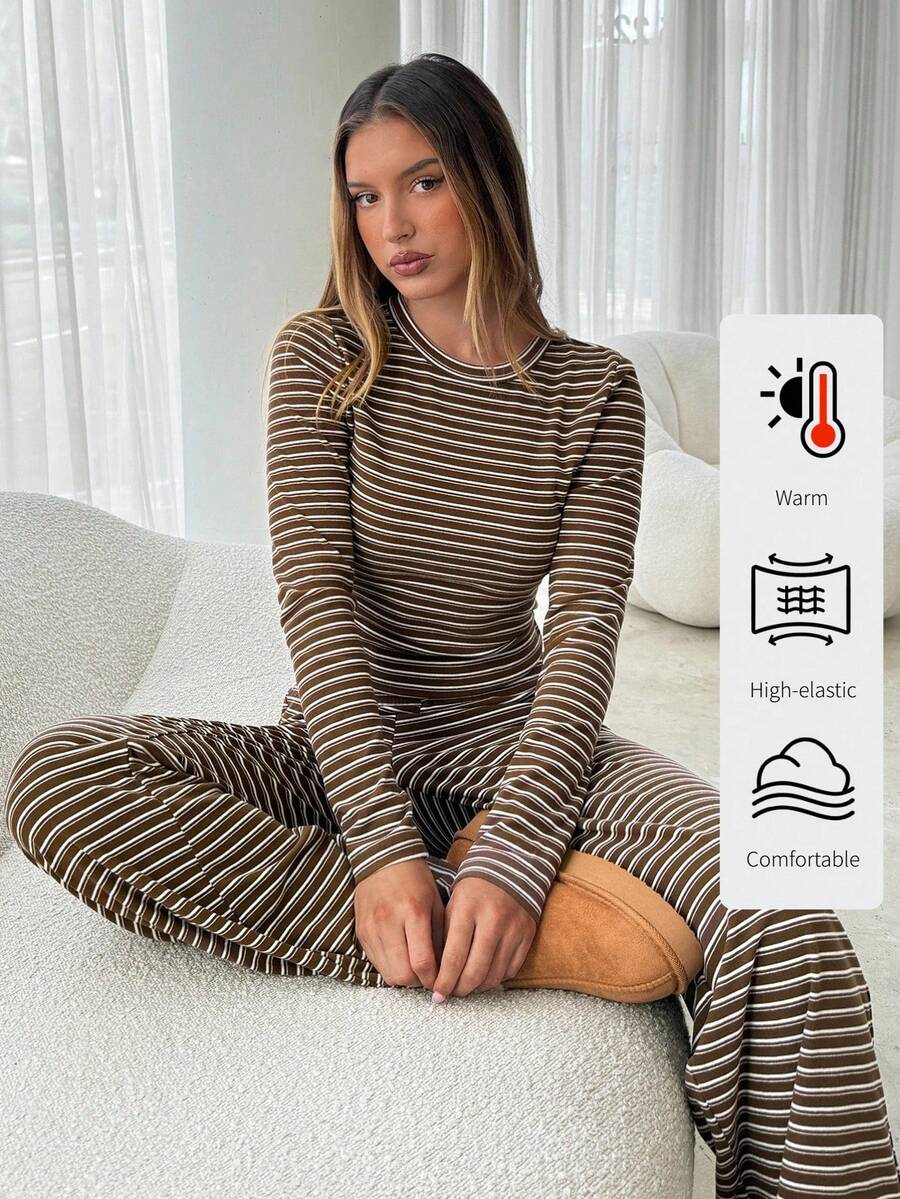 Aloruh Women's Casual Homewear Pajama Set, Includes Striped Crew Neck Long Sleeve Tee And Loose Striped Straight Leg Pants, Suitable For Daily Wear, Sports, Autumn/Winter, Back To School Clothes Brown Striped Two Piece Set,For Daily,Office,Outgoing