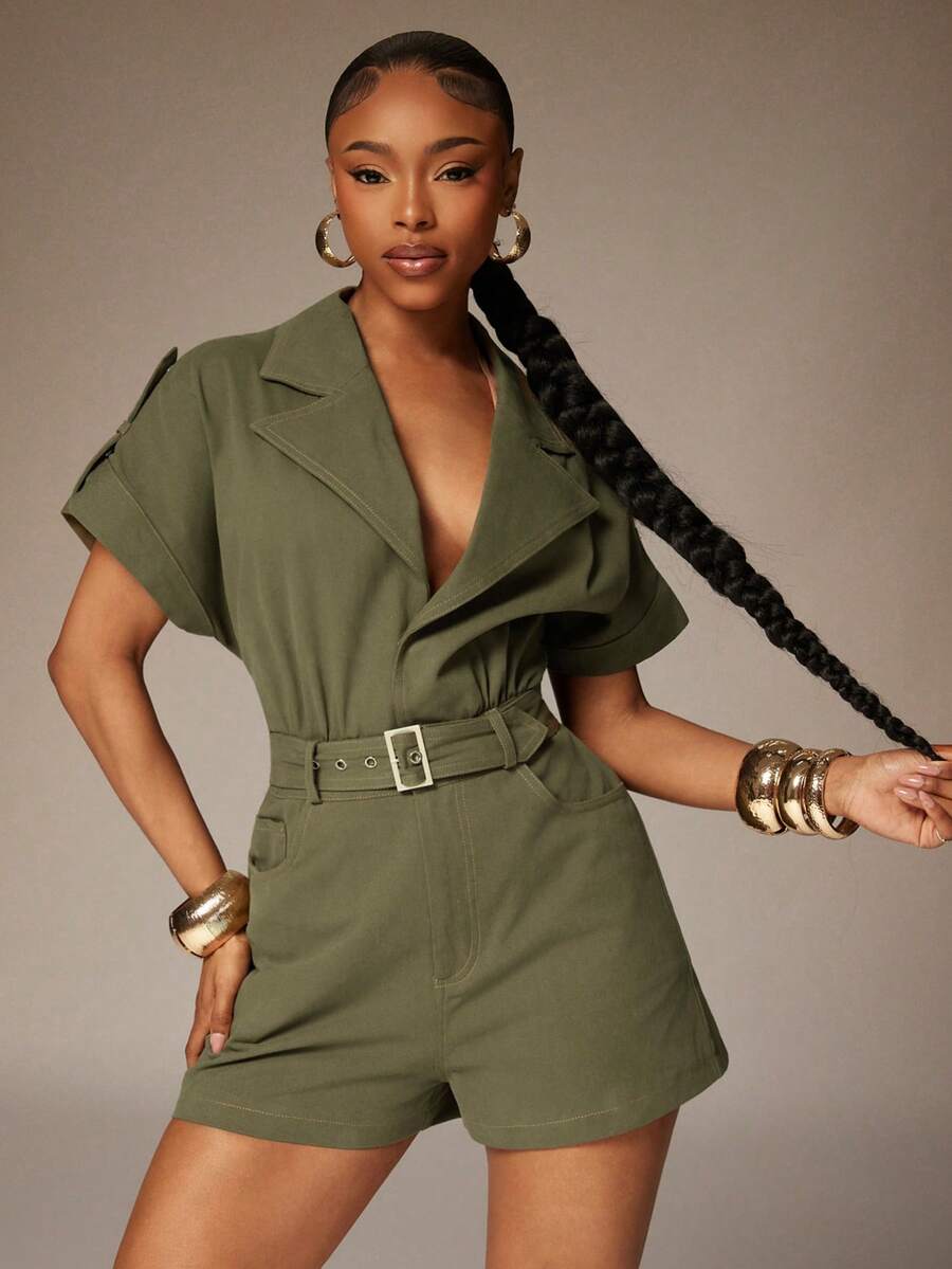 Denimoi Low Neck Belted Twill Romper Brunch Outfits Sexy Rompers Vacation Outfits - Olive Green - View 1