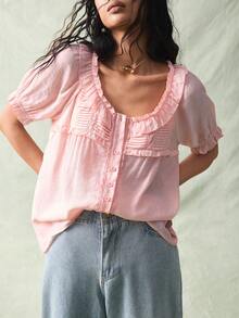 SoleilVie Solid Color Scoop Neck Ruffle Front Button Casual Short Sleeve Shirt Pink Blouses Peasant Top Blouse Summer Pink Babydoll Top Pink Ruffle Top Ruffle Blouse Ruffled Blouse Pink Summer Top - Pink - View 3