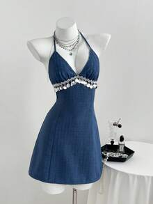 Elamini Women's Spaghetti Strap Backless Sleeveless Summer Fashion Tassel Dress - Royal Blue - View 3