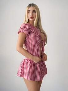 Sweetina 女士夏季时尚性感格子系带露脐上衣和迷你裙两件套 - 紅色 - 查看 7