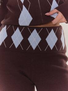 MUSERA Quần ống loe ôm dáng dệt kim họa tiết Argyle, cạp gập, thoải mái, thường ngày, thích hợp mặc vào mùa thu đông xuân. - Cà phê nâu - Xem 5