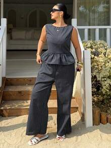 Dazy Plus Plus Size Striped Ruffle Hem Tank Top 2 Pieces Set Summer - Navy Blue - View 2