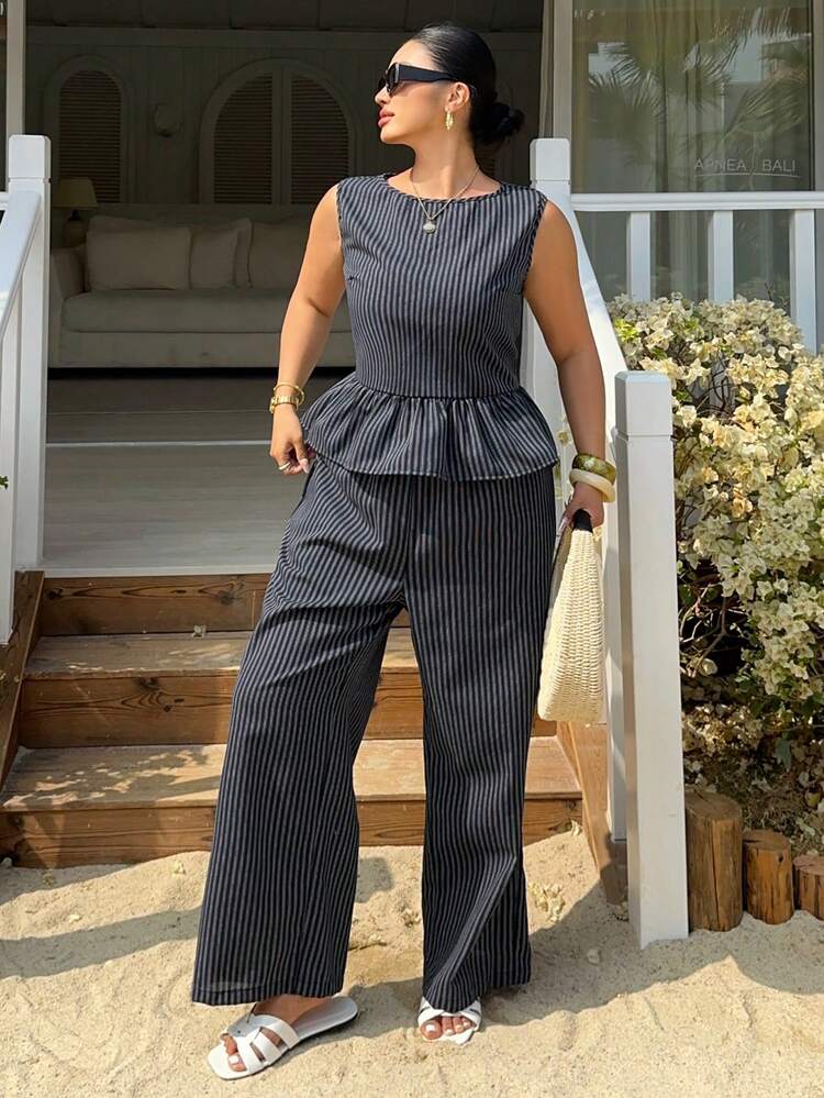 Dazy Plus Plus Size Striped Ruffle Hem Tank Top 2 Pieces Set Summer Lounge Sets For Women