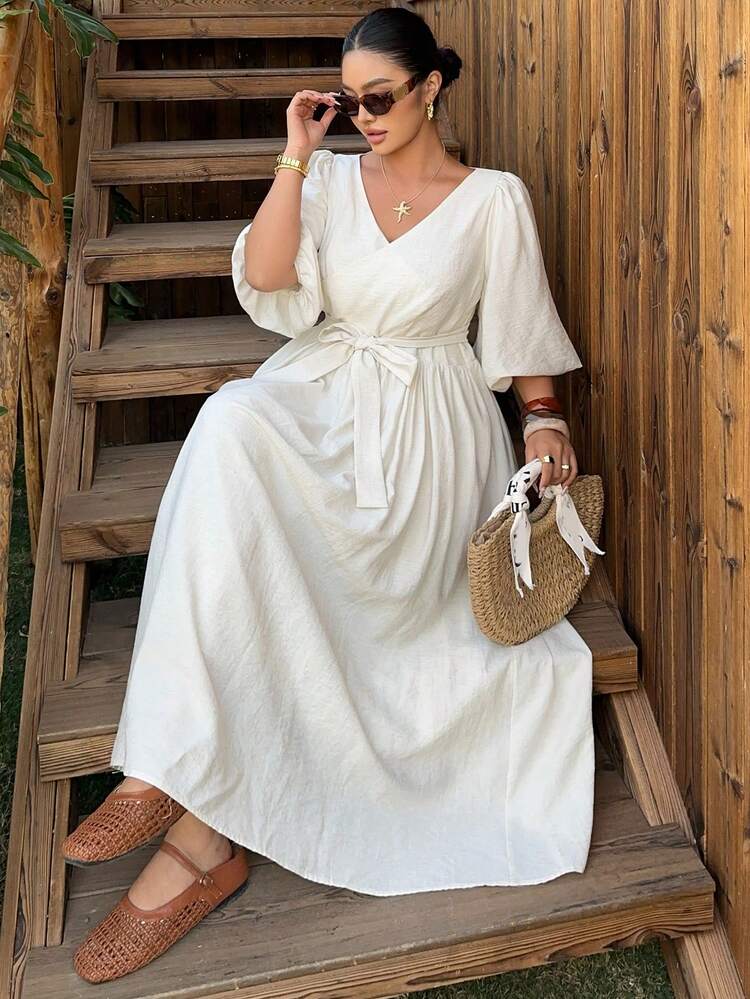 Dazy Plus Spring/Summer Beach Vacation, Valentine's Day, Wedding, Banquet, Ball Gown, Fashion Party, Old Money Luxury White Dress With Waist Cinching, Plus Size Sun Dresses For Women