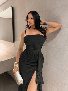 Shopreo Elegant Sage Green Romantic Ruffle Sleeve High Slit Maxi Dress, Lace Bodycon Party Dress For Women, Suitable For Valentine's Day, Date, Wedding, Prom Dress, Draped Dress Ruched Dress Black Dress Drape Dress Black Draped Dress Draped Ruched Dress Black Ruched Dress,Black Dresses Classy Elegant,Wedding Guest Dress,Party Dresses For Women - Black - View 3