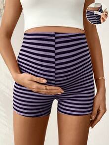 Lyckli Maternity Casual Everyday Knit Striped Elastic Waist Fitted Shorts - Multicolor - View 1