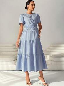 MaterniWear Robe d'été décontractée à rayures et manches courtes pour femme enceinte - Bleu azur - Voir 3