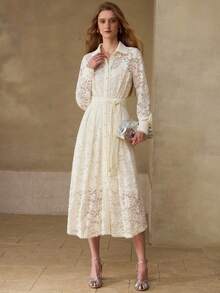MOTF PREMIUM LACE WAIST CINCHING SHIRT DRESS - Beige - View 6