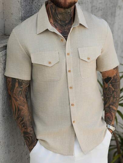 VENTUSAIL Manfinity Nomadique Men's Short Sleeve Shirt Summer Shirt Beach Wear Solid Color Casual Vacation Short Sleeve Shirt Collar Summer Spring Clothing Apparel,Men Old Money,Daily Leisure, Weekend Trips, Outdoor Activities, Travel Expeditions, Relaxed Work Environments Or Semi-Formal Occasions, Boyfriend/Husband Gift, Anniversary /Birthday Gift Party Summer Vacation Holiday,Wedding,Spring To Summer,Easter,Y2k,Vintage,Mens Casual Short Sleeve Button Up Shirt With Dual Pockets Lightweight Breathable Fabric Perfect For Summer Outings,Beige Men Shirt,Linen Men Shirt,Tan Button Up Men,Cream Button Up Men,Men Short Sleeve Shirt