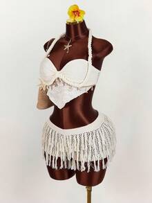 Amplova 2026新款V腰流苏针织迷你裙，性感前卫风格，适合音乐节等场合，百搭单品 - 杏色 - 查看 6