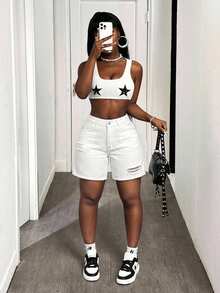 Slaydiva Casual Solid Color Distressed Multi-Pocket Denim Shorts - White - View 5