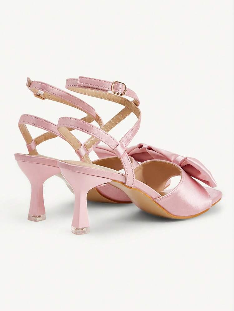 CUCCOO CHICEST Pink Satin Bow High Heel Sandals Strap Strap Square Heel Temperament Banquet Sandals Wedding Shoes Summer Shoes Bride Shoes