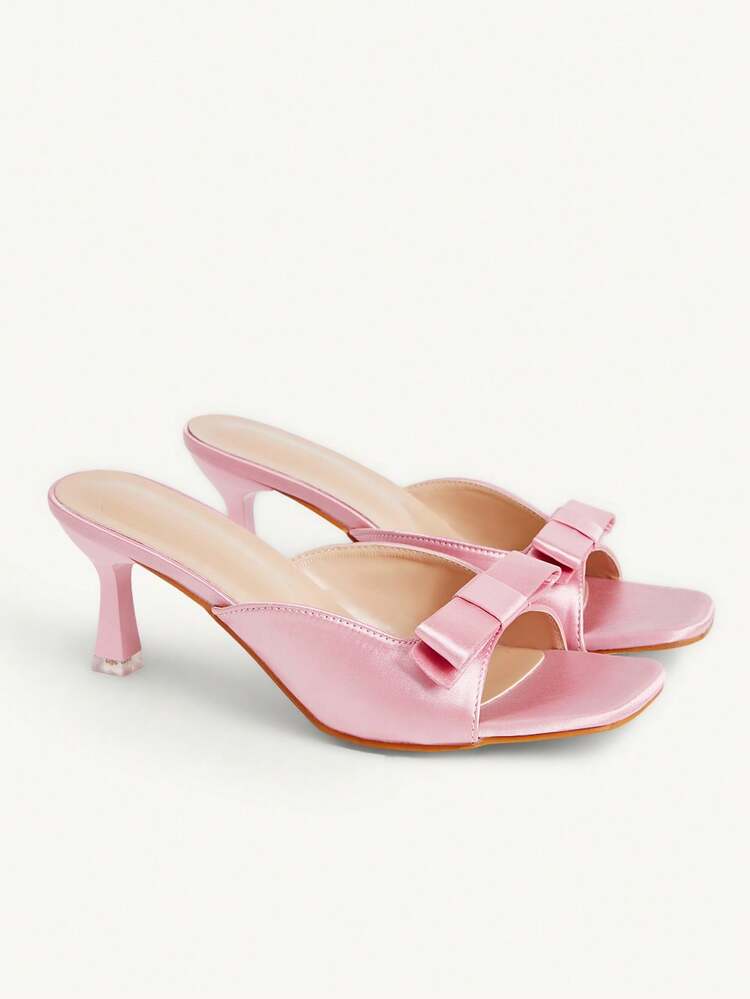 CUCCOO CHICEST French Pink Satin Bow High Heel Slippers Women's Summer Wear Square Heel Sandals Wedding Shoes Summer Shoes Bride Shoes