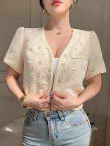 DAZY Women's Elegant Sequin V-Neck Faux Pocket Petal Sleeve Blazer Jacket, Summer - Beige - View 6
