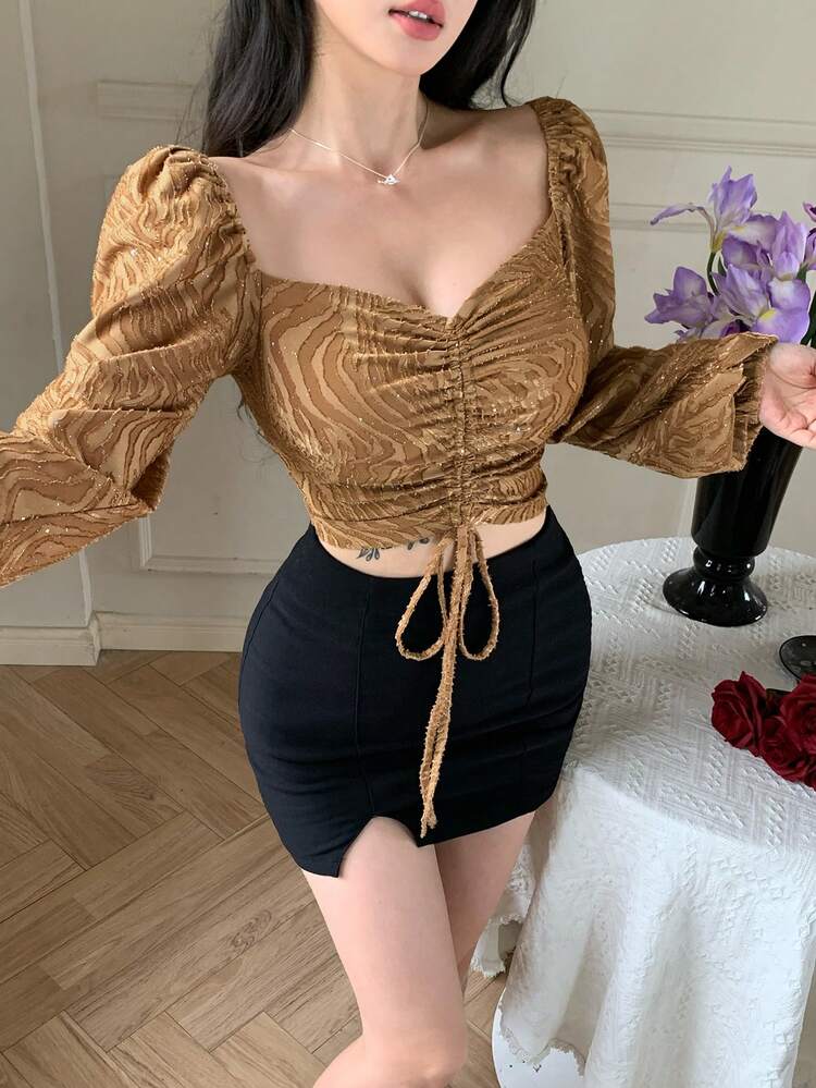 Women's Elegant Floral Textured Pleated Tie Shirt, Spring