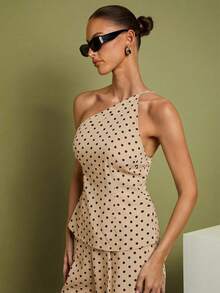COSMINA Women's Polka Dot Print Asymmetric Neck Sleeveless Top And Long Pants 2 Pieces Set - Apricot - View 4