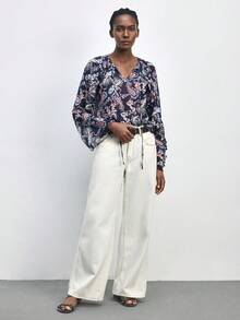 Maija Navy Blue Paisley Pattern Ruffle Hem Loose Vacation Blouse For Women Beach Outfits Beach Outfits Boho Blouses Silk Blouse Floral Blouse Women Blouses Summer Spring Summer Paisley Print Blouse Boho Shirt - Multicolor - View 3