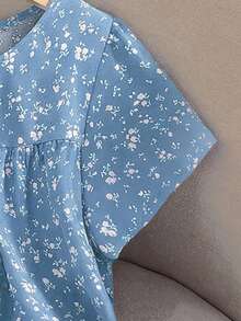 EMERY ROSE Plus Size Women Summer Casual Vacation Ditsy Floral Short Sleeve Babydoll Top - Blue - View 7
