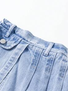 Quần short denim tối giản đa năng phong cách thường ngày cho bé gái, quần váy denim xanh bạc màu với thiết kế xếp ly. - Màu xanh lam - Xem 5