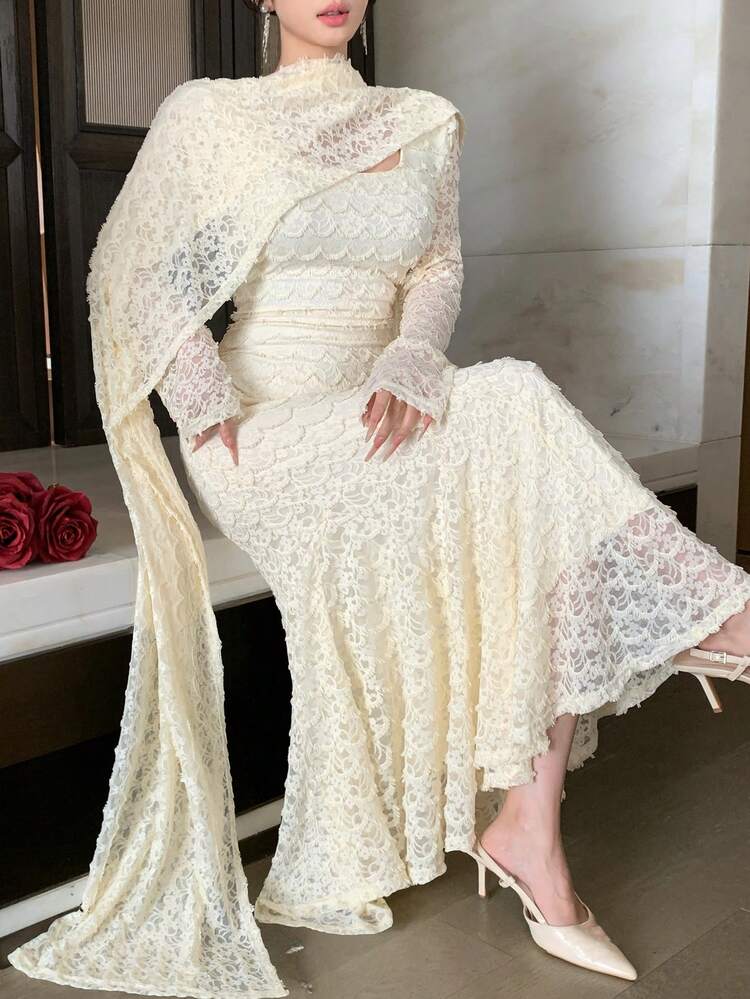 DAZY Vestido de Renda Xale de Primavera e Verão, Vestido Midi Elegante com Ajuste Evasê e Bainha Plissada, Mangas Longas, Adequado para Dia dos Namorados, Casamento, Festa, Ocasião Formal, Vestido de Passeio - Luz amarela - Visão 4