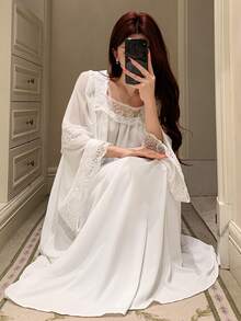 DAZY Romantic Lace Patchwork Princess Style Sweet Women Nightgown Pajamas - White - View 1