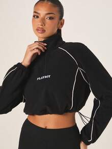 Missguided x Playboy 女士黑色半拉链抓绒套头衫，白色滚边，运动防风外套 - 黑色 - 查看 4