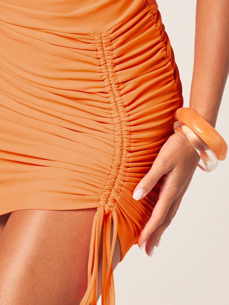 MISSGUIDED Strapless Orange Ruched Bodycon Mini Dress With Side Drawstring Detail For Party Cocktail Evening Occasions