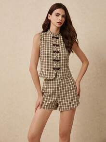 Poéselle Women's Plaid Buttoned Vest And Shorts 2 Pieces Set - Brown - View 6