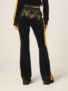 Missguided x Playboy Velour Flare Leg Joggers With Gold Side Stripes Drawstring Waist And Rhinestone Embellishment - Black - View 2