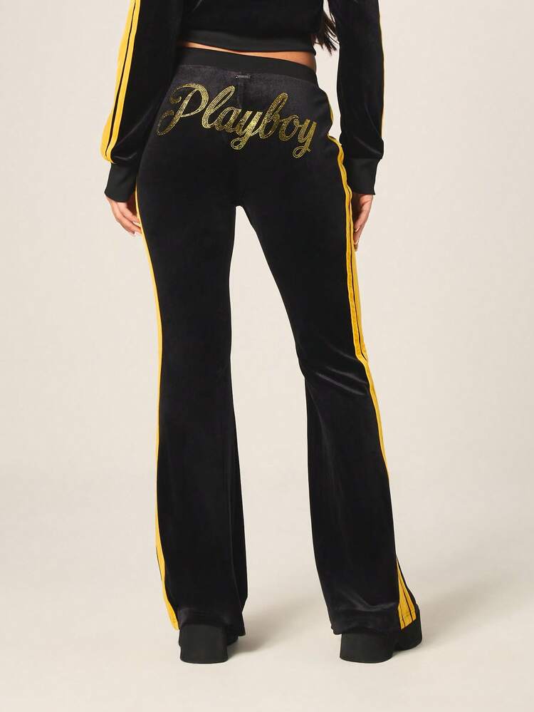 Missguided x Playboy Velour Flare Leg Joggers With Gold Side Stripes Drawstring Waist And Rhinestone Embellishment