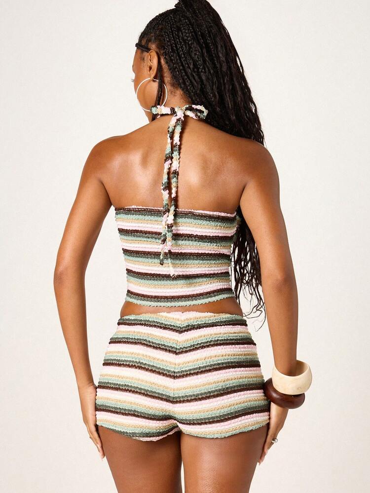 MISSGUIDED Striped Knit Halter Neck Crop Top And Hot Pants Two Piece Set Summer Beach Festival Outfit Vacation Resort Wear Coordinated Matching Set