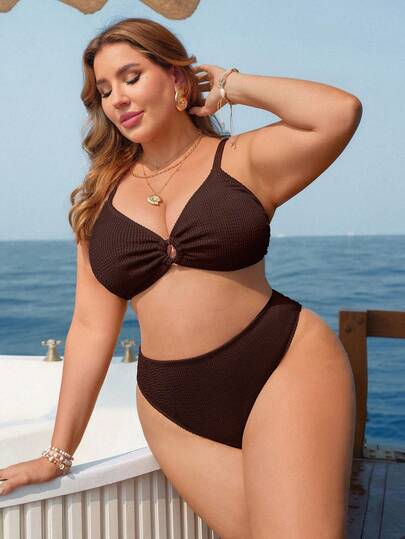 Swim Lushoire 2pcs Plus Size Women Textured Spaghetti Strap Top With Front Ring And Triangle Bottoms Bikini Swimwear