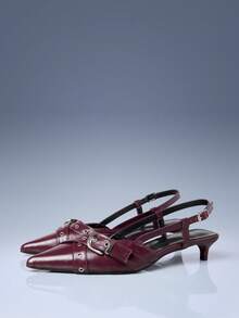 CUCCOO GRLICON Burgundy Fashion Patent Leather Pointed Cross Strap Back Empty Kitten And Ladies High Heels - Burgundy - View 1