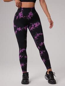 Easithlete Quần legging thể thao nữ in họa tiết nhuộm tie-dye - Màu tím  Violet - Xem 5