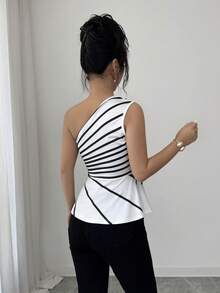 Elenzga Women's Elegant Striped Print Fitted Waist A-Line Casual/Date Night Black & White Fashionable Versatile Top - Black and White - View 2