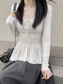 FRIFUL 女士休闲波点印花撞色蕾丝抽绳长袖T恤，春季 - 白色 - 查看 3