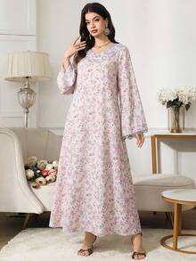 Yasmyna Đầm tay xòe in hoa thanh lịch với viền ren - Hồng - Xem 3