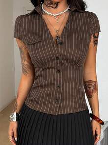Coolane 女士春夏街头风返校复古商务休闲办公休闲时尚条纹短袖棕色衬衫 - 棕色 - 查看 3