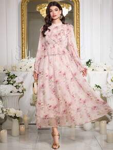 Modelyn 女士优雅派对印花荷叶边连衣裙 - 彩色 - 查看 1