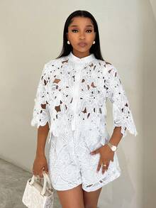 BamGleam 夏季白色花卉刺绣镂空拼接休闲优雅女式衬衫 - 白色 - 查看 7